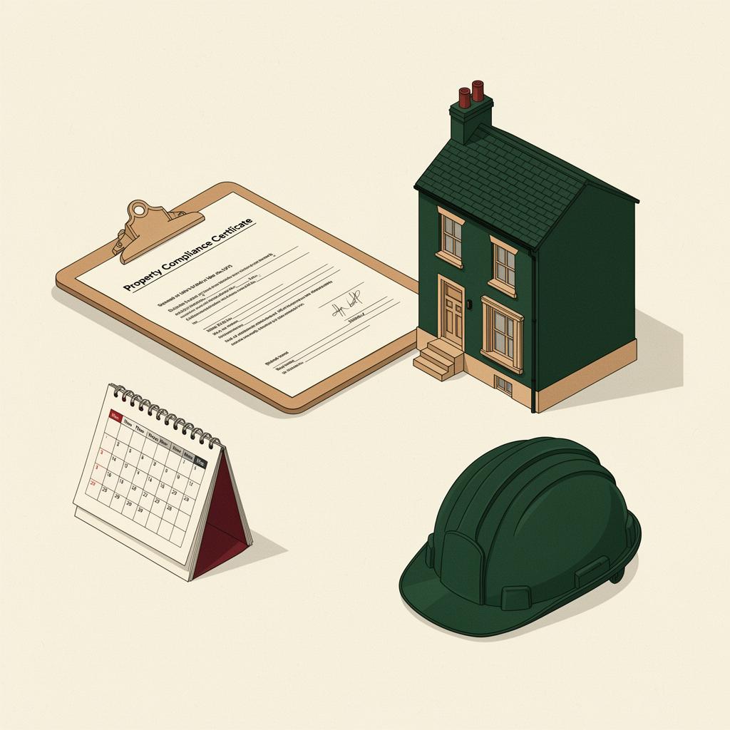 Illustration of a property compliance certificate on a clipboard, a small terraced house, a calendar and a hard hat